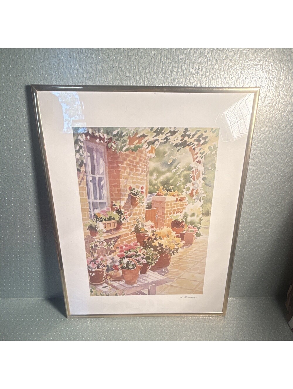 H Soan Signed Watercolor Floral Garden Patio Print Matted & Framed Portrait
